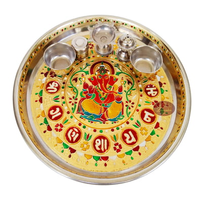 Ganesha Designed Stainless Steel Meenakari Puja Thali With 4 Tumblers G.M.