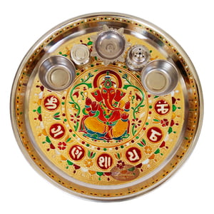 Ganesha Designed Stainless Steel Meenakari Puja Thali With 4 Tumblers G.M.