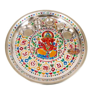 Ganesha Designed Stainless Steel Meenakari Puja Thali With 4 Tumblers S.M.