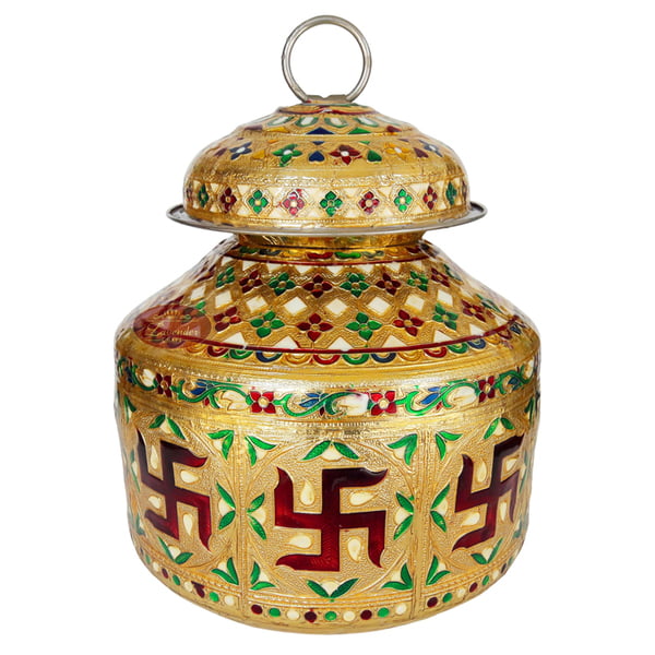 Swastik Designed, Meenakari Decorated, Small Stainless Steel Water Pot