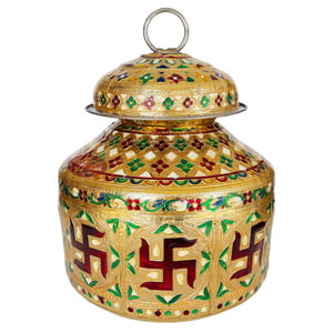 Swastik Designed, Meenakari Decorated, Stainless Steel Pot Set - 2 Pots With Top Lid G.M. -