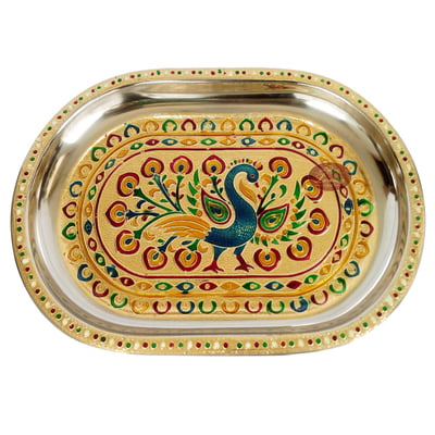 Peacock Designed Stainless Steel Meenakari Decorative Tray - P-2 Golden