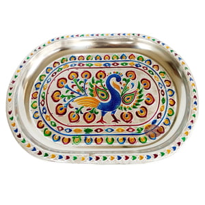 Peacock Designed Stainless Steel Meenakari Decorative Tray - P-2 Silver