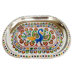 Peacock Designed Stainless Steel Meenakari Decorative Tray - P-2 Silver