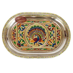 Royal Peacock Designed Stainless Steel Meenakari Decorative Tray - RP Golden
