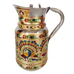 Royal Peacock Designed Meenakari Decorated Stainless Steel Jug/pot With Matching Tray & 6-glasses - G.M.