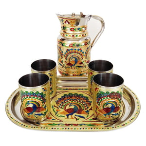 Royal Peacock Designed Meenakari Decorated Stainless Steel Jug/pot With Matching Tray & 6-glasses - G.M.