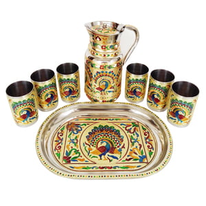 Royal Peacock Designed Meenakari Decorated Stainless Steel Jug/pot With Matching Tray & 6-glasses - G.M.