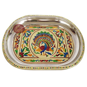 Royal Peacock Designed Serving Tray with Matching 6-Glasses Set- Stainless Steel G.M.