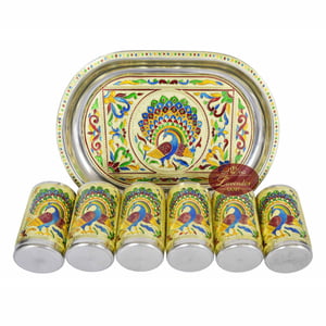 Royal Peacock Designed Meenakari Decorated Stainless Steel Jug/pot With Matching Tray & 6-glasses - G.M.