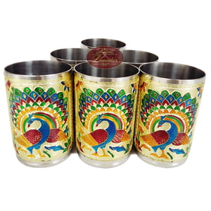 Royal Peacock Designed Meenakari Decorated Stainless Steel Jug/pot With Matching Tray & 6-glasses - G.M.