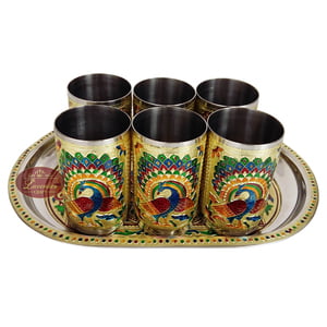 Royal Peacock Designed Meenakari Decorated Stainless Steel Jug/pot With Matching Tray & 6-glasses - G.M.