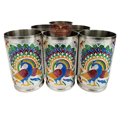 Royal Peacock Designed Stainless Steel Meenakari 6-glass Set -S.M.