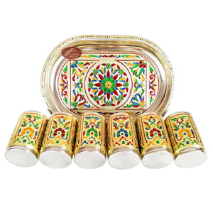 Royal Flower Designed Stainless Steel Meenakari Decorative Tray - RF Golden