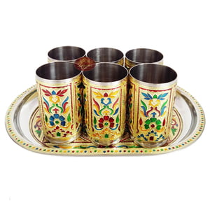 Flower Designed Stainless Steel Meenakari 6-glass Set -G.M.