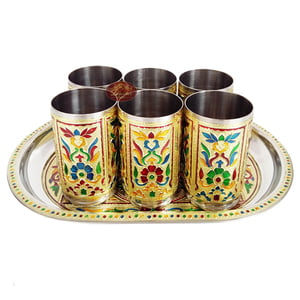 Royal Flower Designed Serving Tray with Matching 6-Glasses Set- Stainless Steel G.M.