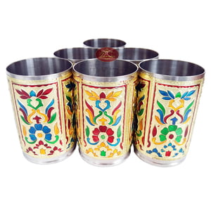 Flower Designed Stainless Steel Meenakari 6-glass Set -G.M.