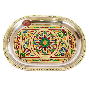 Royal Flower Designed Stainless Steel Meenakari Decorative Tray - RF Golden