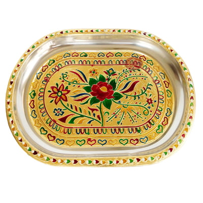 Red Rose Designed Stainless Steel Meenakari Decorative Tray - Rose G.M