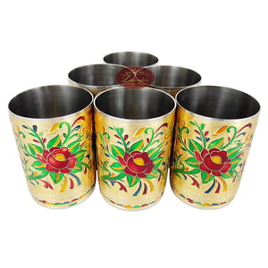 Red Rose Designed Meenakari Decorated Stainless Steel Jug/pot With Matching Tray & 6-glasses - G.M.