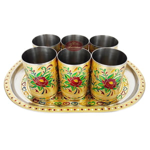 Red Rose Designed Stainless Steel Meenakari Decorative Tray - Rose G.M