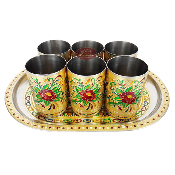 Red Rose Designed Serving Tray with Matching 6-Glasses Set- Stainless Steel G.M.