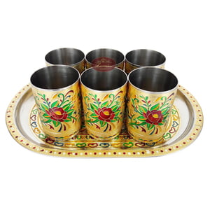Red Rose Designed Meenakari Decorated Stainless Steel Jug/pot With Matching Tray & 6-glasses - G.M.