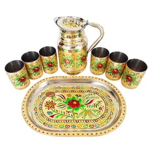 Red Rose Designed Meenakari Decorated Stainless Steel Jug/pot With Matching Tray & 6-glasses - G.M.