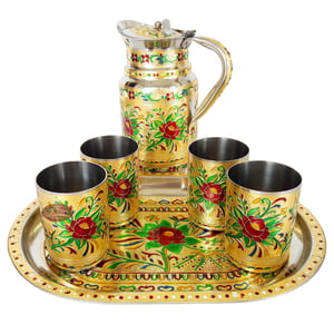 Red Rose Designed Meenakari Decorated Stainless Steel Jug/pot With Matching Tray & 6-glasses - G.M.