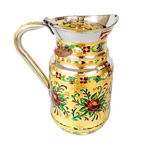 Red Rose Designed Meenakari Decorated Stainless Steel Jug/pot With Matching Tray & 6-glasses - G.M.