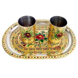 Red Rose Designed Meenakari Decorated Stainless Steel Jug/pot With Matching Tray & 6-glasses - G.M.