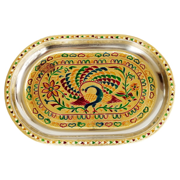 Peacock Designed Stainless Steel Meenakari Decorative Tray - P-1 Golden