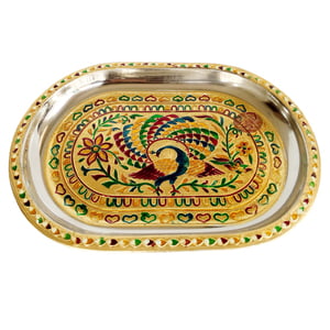 Peacock Designed Stainless Steel Meenakari Decorative Tray - P-1 Golden