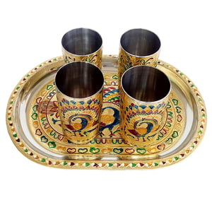 Peacock Designed Stainless Steel Meenakari Decorative Tray - P-1 Golden