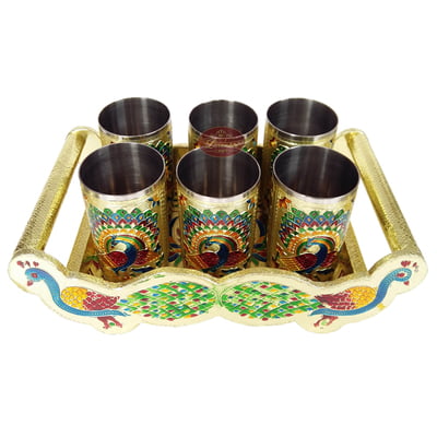 Twin Peacock Designed Wooden Meenakari Tray With Matching 6-glasses Set - G.M.