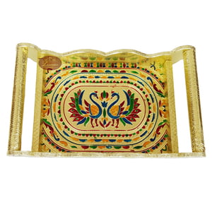 Twin Peacock Designed Wooden Meenakari Tray With Matching 6-glasses Set - G.M.
