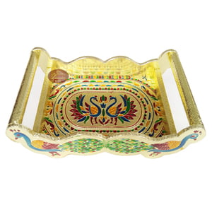 Twin Peacock Designed Wooden Meenakari Tray - G.M.