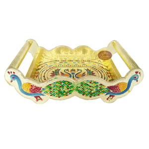 Twin Peacock Designed Wooden Meenakari Tray With Matching 6-glasses Set - G.M.