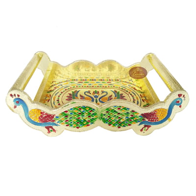 Twin Peacock Designed Wooden Meenakari Tray - G.M.