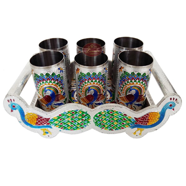 Twin Peacock Designed Wooden Meenakari Tray With Matching 6-glasses Set - S.M.