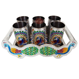 Twin Peacock Designed Wooden Meenakari Tray -S.M.