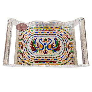 Twin Peacock Designed Wooden Meenakari Tray With Matching 6-glasses Set - S.M.