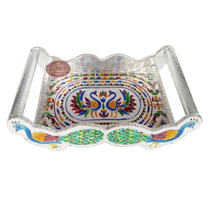 Twin Peacock Designed Wooden Meenakari Tray With Matching 6-glasses Set - S.M.