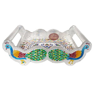 Twin Peacock Designed Wooden Meenakari Tray With Matching 6-glasses Set - S.M.